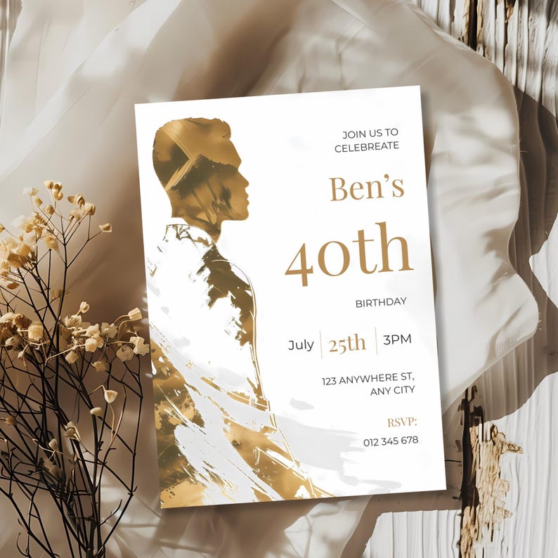 Full mens birthday invitation template layout with minimalist gold artwork and clearly structured event details