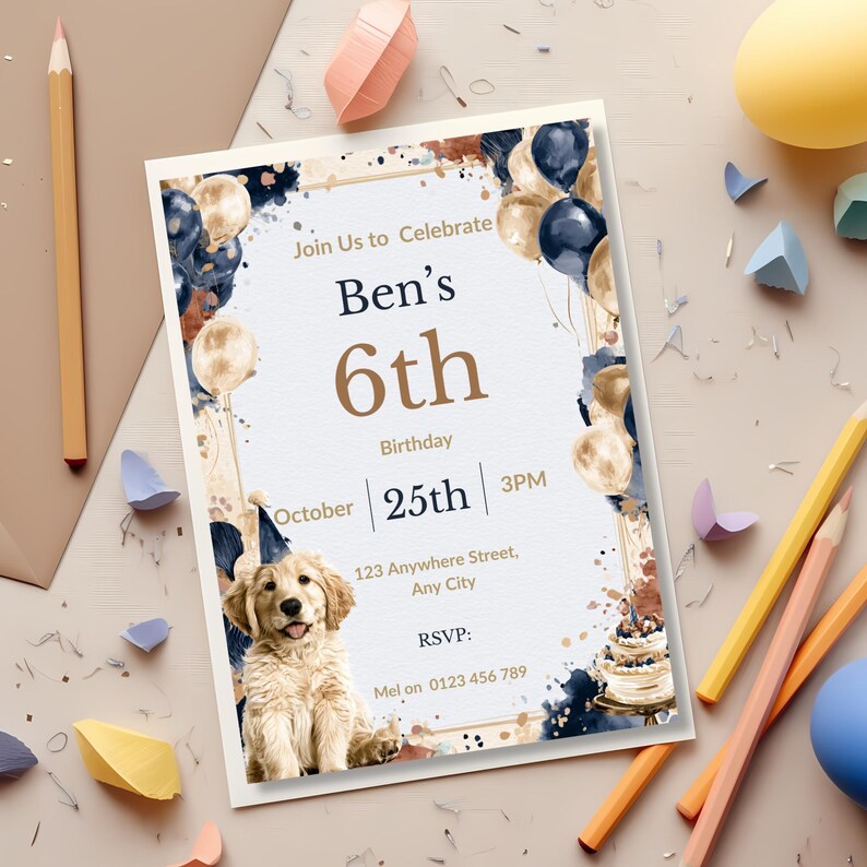 Watercolor puppy invitation flat lay with colored pencils and paint palette, creative party planning scene