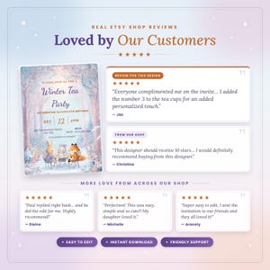 Five-star Etsy reviews for PR Creative Digital, including a review of this woodland animal winter tea party invitation, praising easy Canva editing and friendly support
