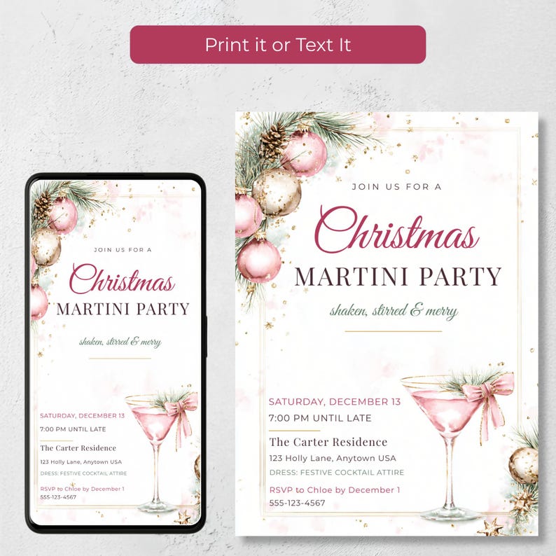 Christmas cocktail party invitation in two formats: a 5x7 printable invite and a mobile version for texting.