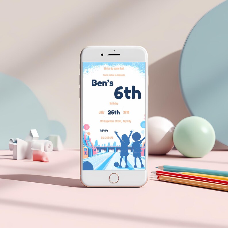 6th birthday bowling and arcade invitation displayed on a smartphone screen, editable Canva template
