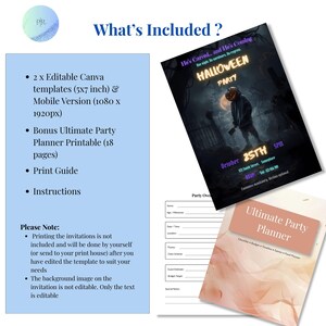 What's included: 2 editable Canva Halloween invitation templates plus free 18-page party planner printable, print guide and instructions — digital download