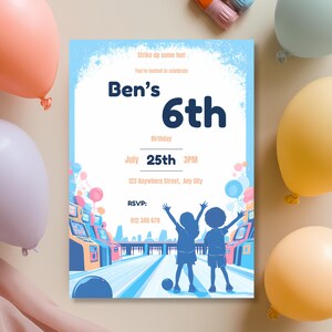 Bright balloons and arcade machines decorating 6th birthday bowling and arcade invitation, editable Canva template