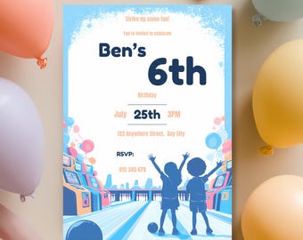 6th Birthday Invite Boy Bowling and Arcade, Colorful Kids Party Invitation, Editable Canva Template, Printable Digital Download