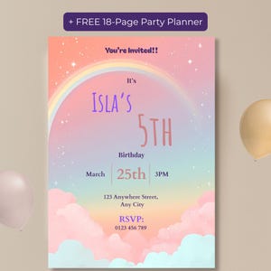 Rainbow 5th birthday invitation Canva template with free 18-page party planner bonus