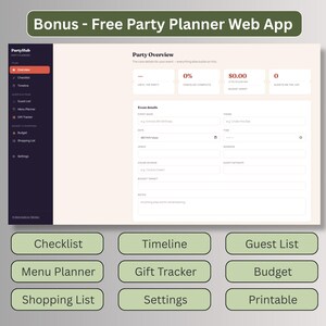 Bonus free Party Planner web app with checklist, timeline, guest list, budget and menu planner tools