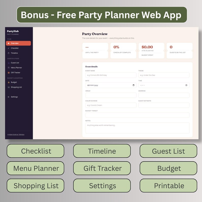 Bonus free Party Planner web app with checklist, timeline, guest list, budget and menu planner tools