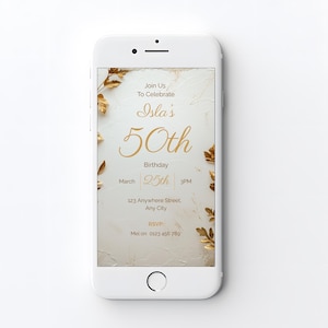 Mobile version of cream and gold 70th birthday invitation on iPhone — digital WhatsApp story invite 1080x1920 editable Canva template