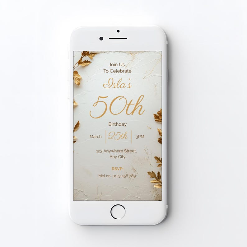 Mobile version of cream and gold 70th birthday invitation on iPhone — digital WhatsApp story invite 1080x1920 editable Canva template