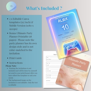 Infographic showing what's included with arcade birthday invitation Canva template and bonus planner