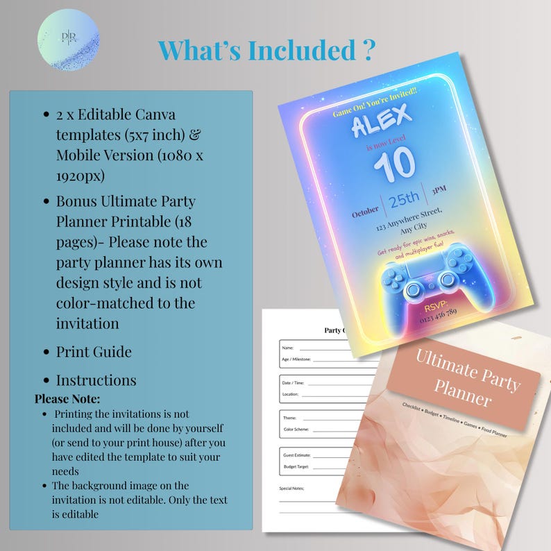 Infographic showing what's included with arcade birthday invitation Canva template and bonus planner