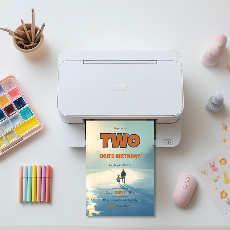 Printed 5x7 ice hockey birthday invitation coming out of a printer, showing cinematic rink scene with child wearing number 2 jersey and birthday party details
