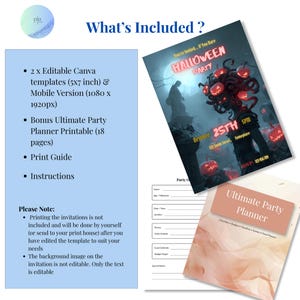 hat's included: 2 editable Canva templates 5x7 and mobile version, free bonus Ultimate Party Planner printable, print guide, instructions