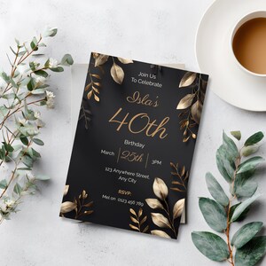 Elegant black and gold 40th birthday invitation with metallic botanical frame on dark matte background, luxury evening party design