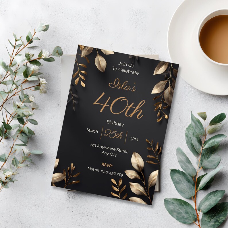 Elegant black and gold 40th birthday invitation with metallic botanical frame on dark matte background, luxury evening party design