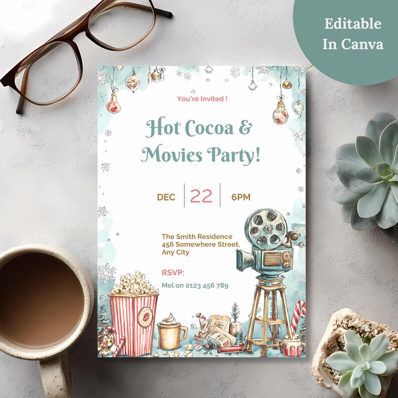 Hot cocoa and movies Christmas party invitation template, editable in Canva