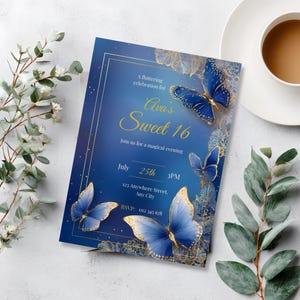 Editable Sweet 16 butterfly birthday invitation in royal blue with 3D butterflies and gold accents