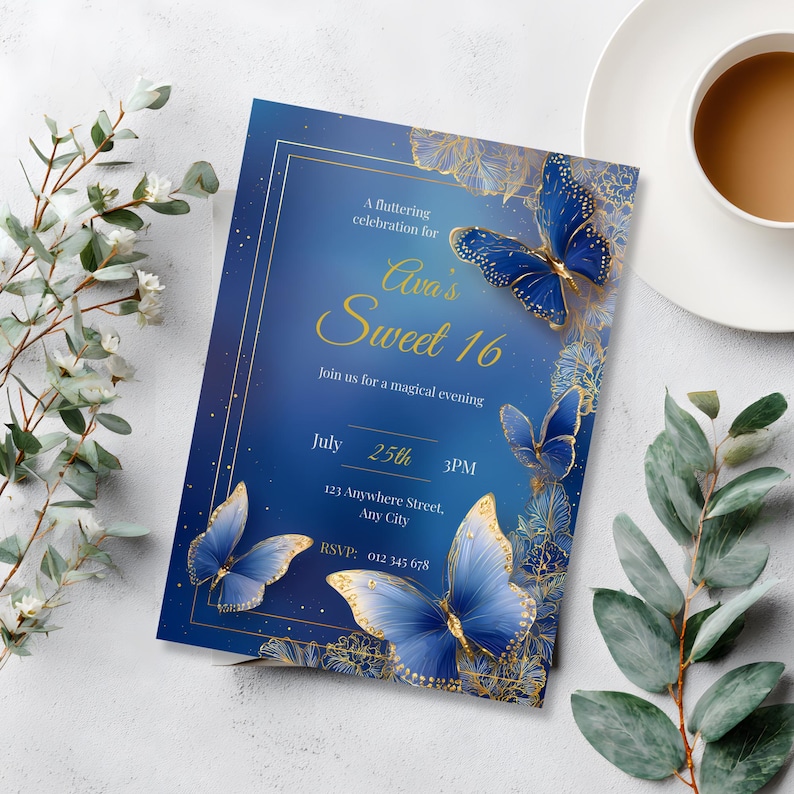 Editable Sweet 16 butterfly birthday invitation in royal blue with 3D butterflies and gold accents