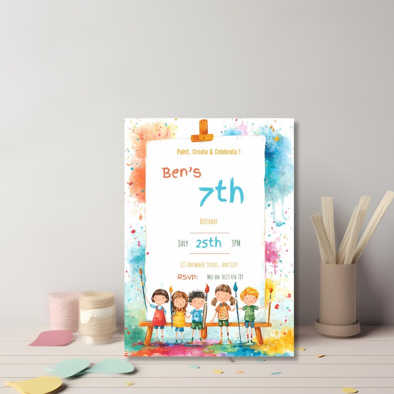 Personalized paint party invite for children, Canva editable, colorful and playful design