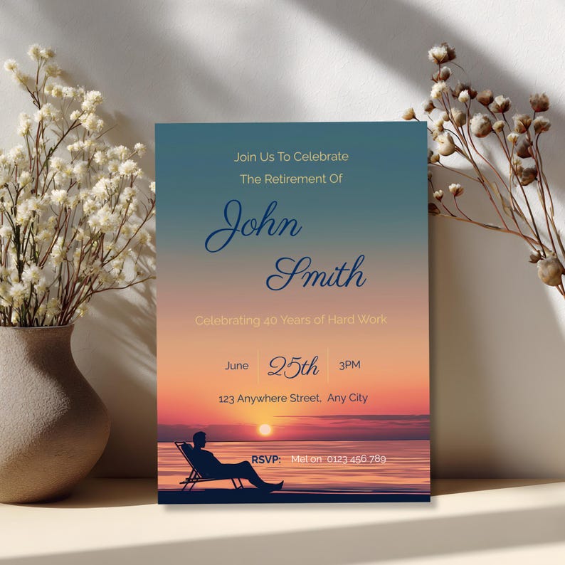 Printable retirement invitation for him propped against dried white flowers and vase, beach sunset silhouette design with script name typography, elegant mens retirement party invite