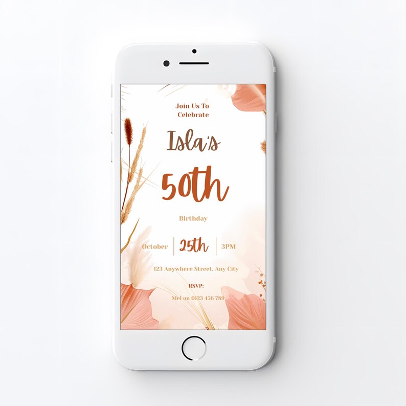 Mobile phone displaying the digital boho 50th birthday invitation, ready to share by text or social media