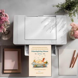Funny turkey Friendsgiving invitation printing at home on a desktop printer, ready to send or display