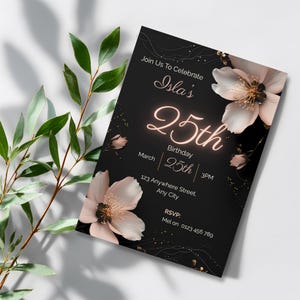 Elegant black 25th birthday invitation with blush flowers and neon glow number, styled with green eucalyptus leaves on white background