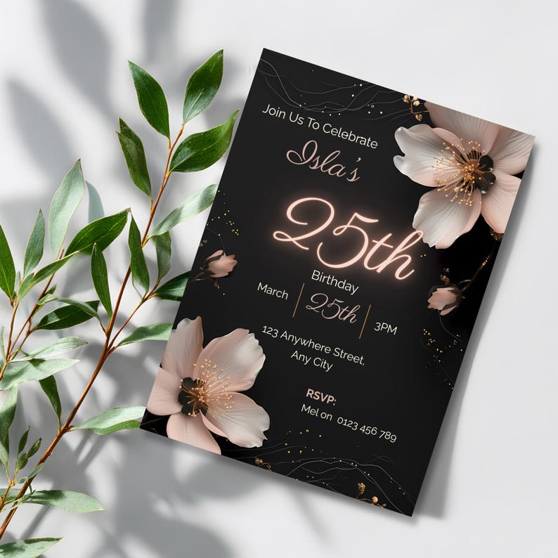 Elegant black 25th birthday invitation with blush flowers and neon glow number, styled with green eucalyptus leaves on white background