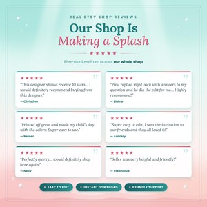 Real five-star reviews from across the PR Creative Digital shop, praising easy editing, instant download and friendly support.
