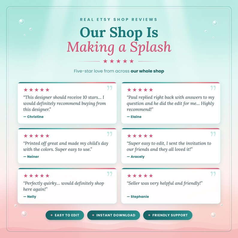Real five-star reviews from across the PR Creative Digital shop, praising easy editing, instant download and friendly support.