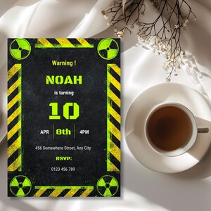 Radioactive birthday invitation shown in an editable template layout highlighting customizable text areas for party details including name, age, date, time, and location fields