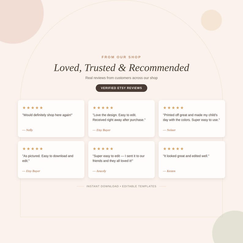 Verified five-star Etsy customer reviews for the shop's editable invitation templates, instant download and easy to edit