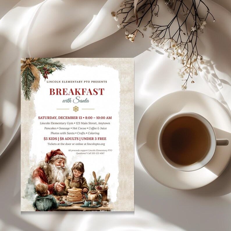 Vintage Breakfast with Santa event flyer with date, venue, menu, activities and ticket prices for a church or community fundraiser