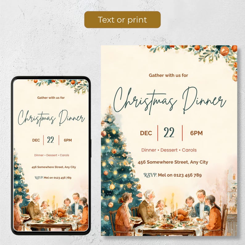 Christmas dinner invitation shown as a phone evite and a 5x7 printable card, so you can text it to guests or print it at home