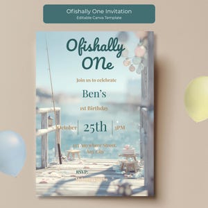 Może przedstawiać: Zaproszenie na 1. urodziny Bena z napisem "Ofishally One". Projekt zawiera scenę z pomostem, wędką, balonami i małym ciastem. Data to 25 października o 15:00. Edytowalny szablon Canva.