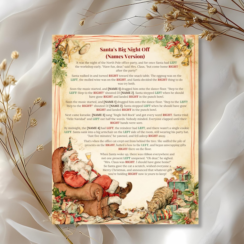 Funny left right Christmas story for adults with guest names, Santa’s Big Night Off office party game with LEFT and RIGHT highlighted
