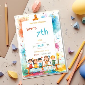 DIY printable children’s art birthday invitation, editable Canva template with easel illustration