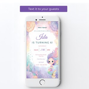 Mermaid birthday evite on a smartphone screen, a 1080x1920 mobile version ready to text to party guests.