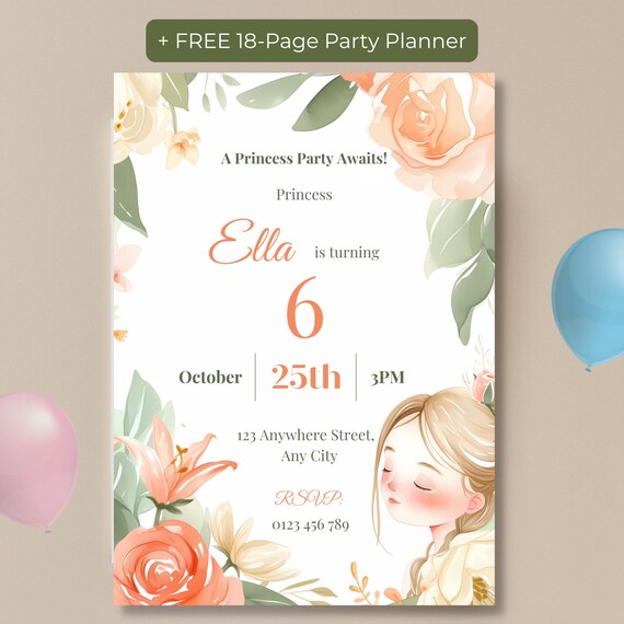 Editable princess birthday invitation with watercolor floral design and free 18-page party planner bonus.