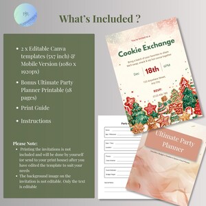 Graphic listing what's included: two editable Canva templates, mobile version, bonus 18-page party planner, print guide, and instructions