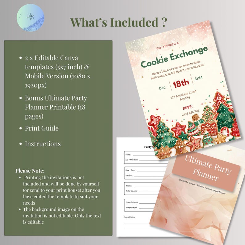 Graphic listing what's included: two editable Canva templates, mobile version, bonus 18-page party planner, print guide, and instructions