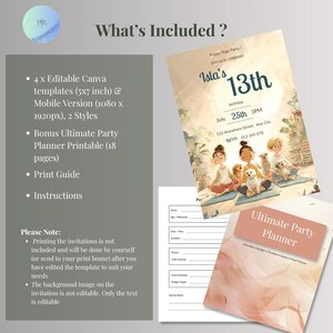 What's included graphic for puppy yoga 13th birthday invitation: 4 editable Canva templates in 5x7 and 1080x1920 sizes, 2 styles, plus bonus 18-page printable party planner and instructions.