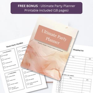 Free bonus Ultimate Party Planner printable, 18 pages including master party checklist and shopping list pages
