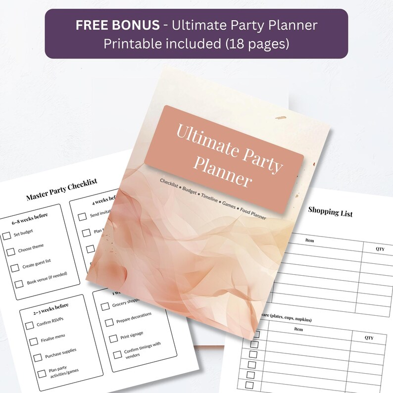 Free bonus Ultimate Party Planner printable, 18 pages including master party checklist and shopping list pages
