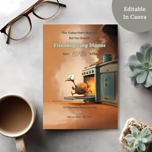 Funny Friendsgiving invitation card styled on a desk with coffee and glasses, editable in Canva text overlay