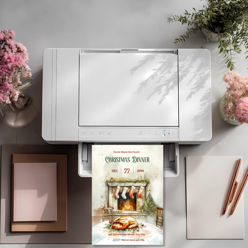 Christmas dinner invitation printing at home on a desktop printer, printable 5x7 holiday dinner party invite