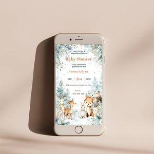 Woodland baby shower invitation shown on mobile phone screen, digital instant download for sharing