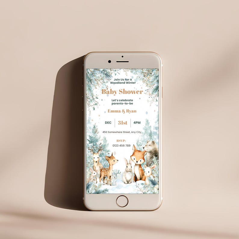 Woodland baby shower invitation shown on mobile phone screen, digital instant download for sharing