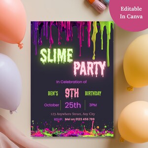 Slime birthday invitation template marked editable in Canva, neon glow design on a dark background styled with pastel balloons.