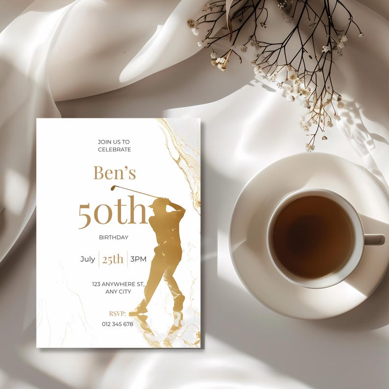 Clean and masculine golf birthday invitation template, perfect for milestone birthdays